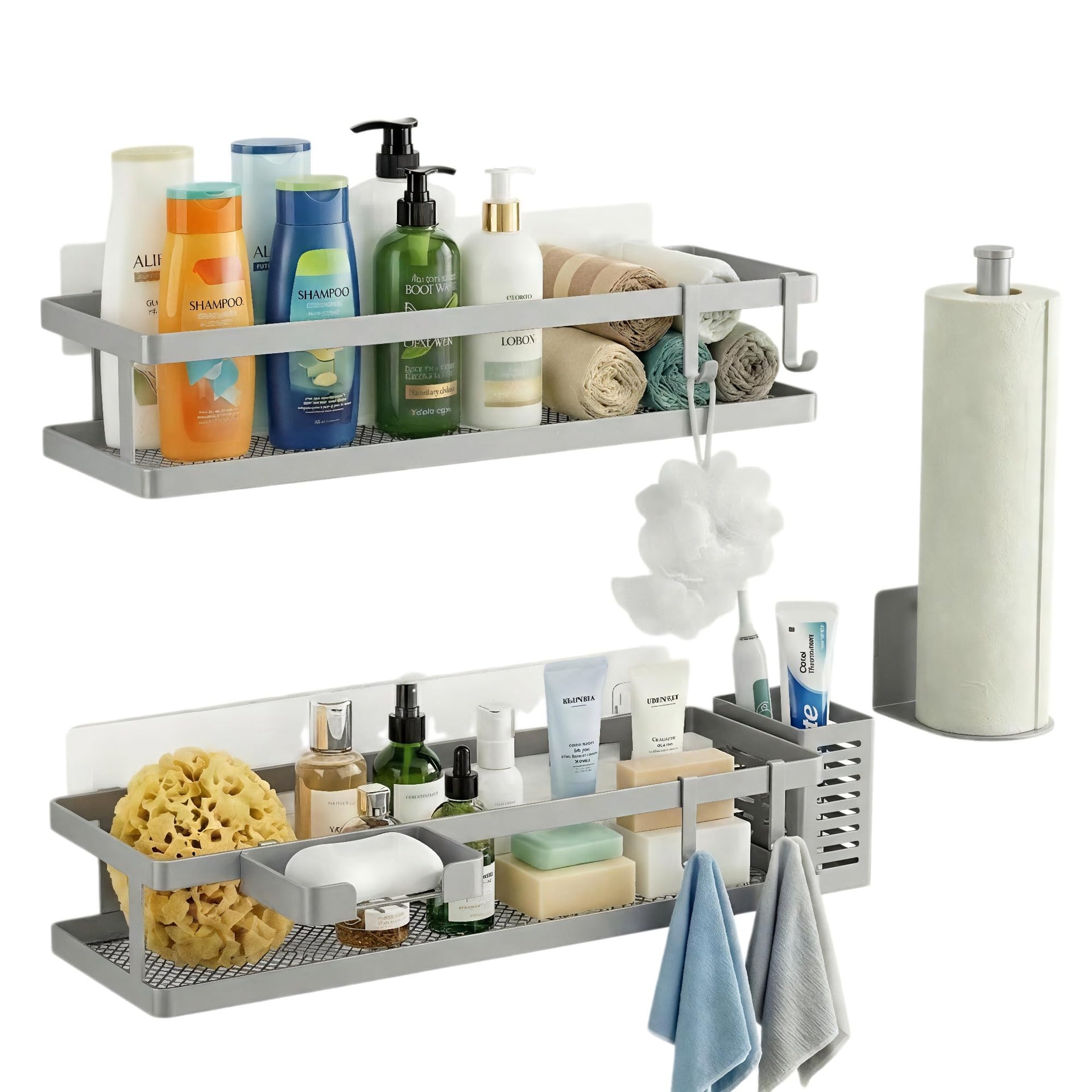 5-in-1 16.5" Extra Long Kitchen Organizer & Shower Caddy Set, Wall Mount Spice Rack with Paper Towel Holder, Utensil Holder & Soap Dish, Rustproof Mesh - Silver Gray, Guardrail