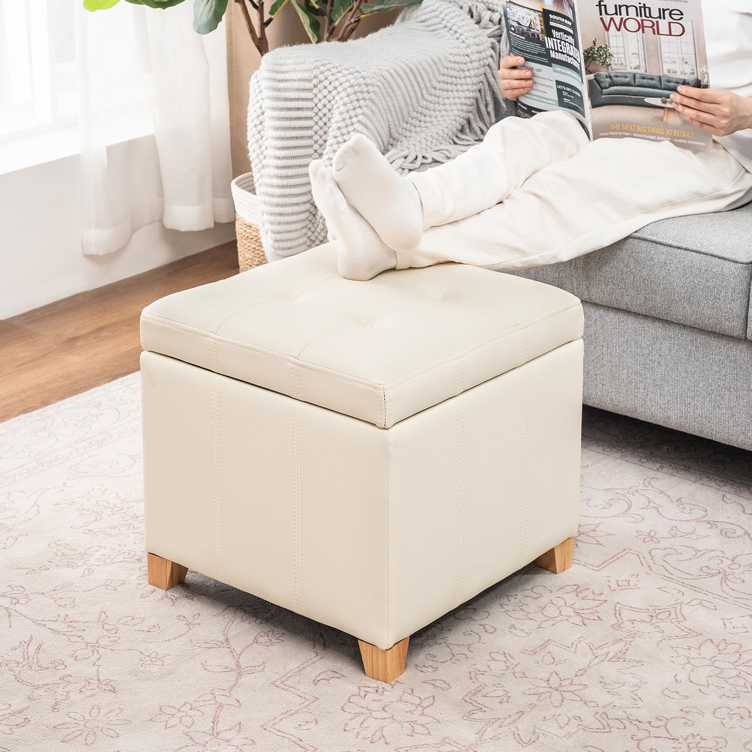 Square Storage Ottoman with Hinged Lid