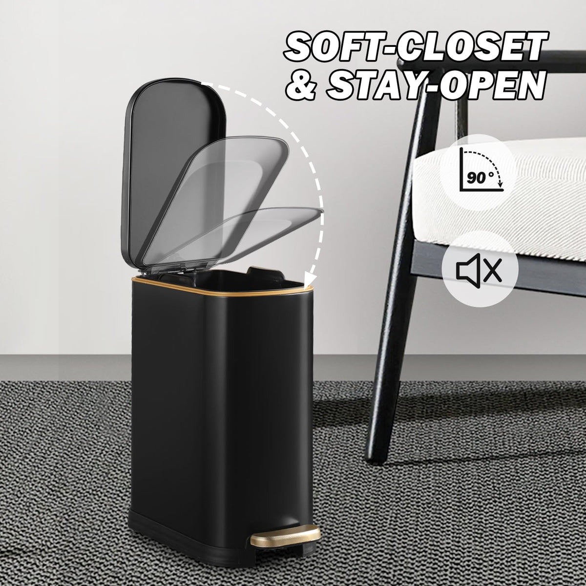 Bathroom Trash Can with Soft Close Lid 3.5 Gallon Matte Black