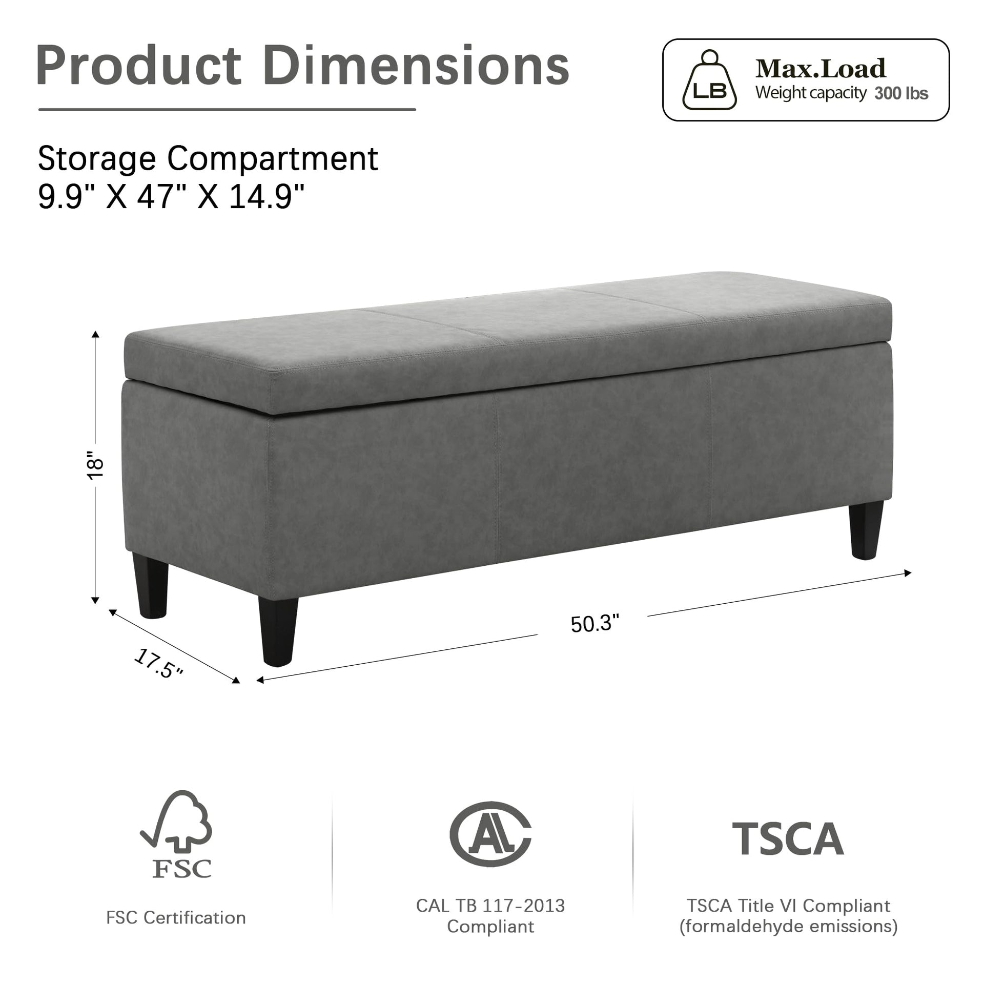 Storage Ottoman Bench 50.3" Faux Leather Upholstered End of Bed Bench