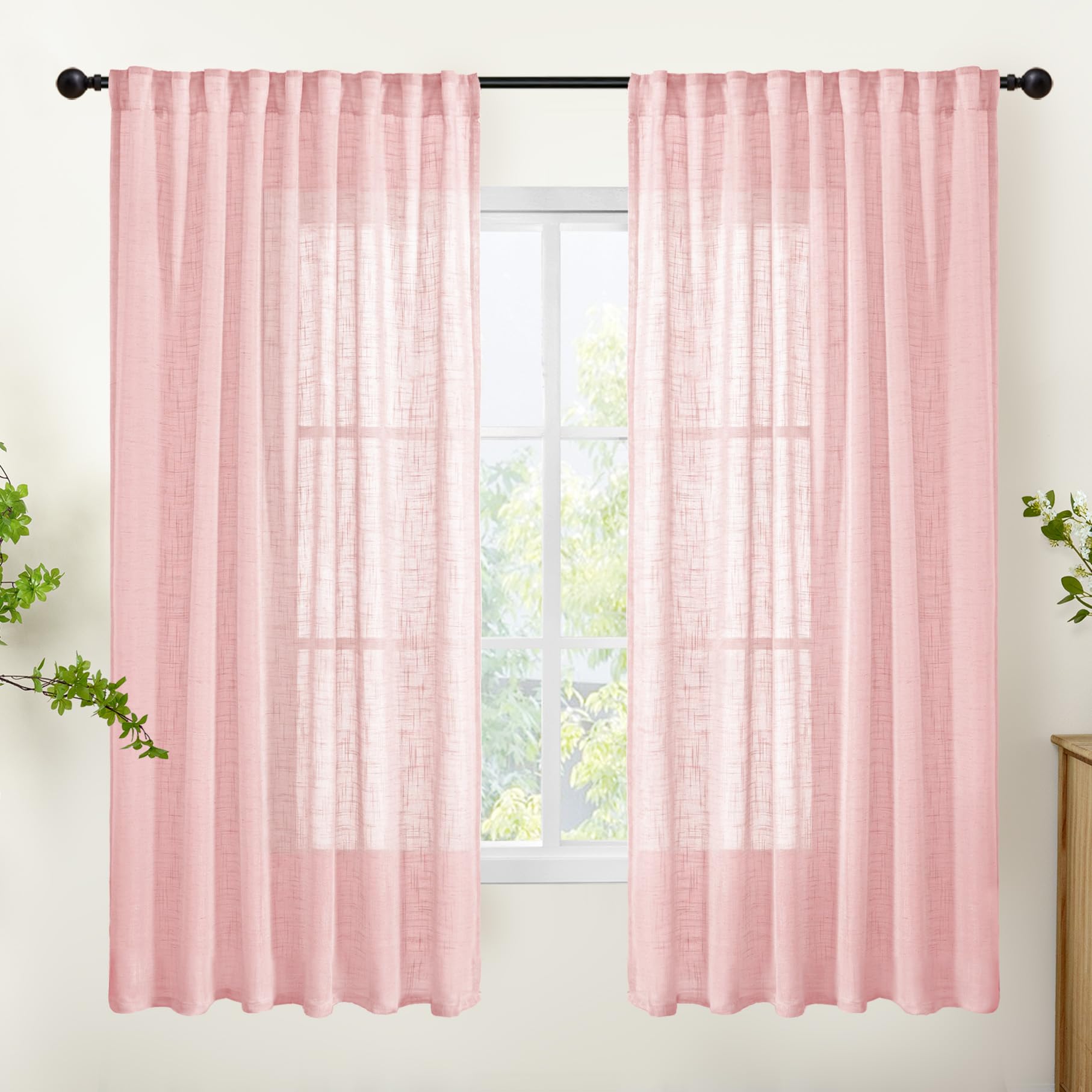 Light Pink Linen Curtains 63 Inch Length for Living Room (2 Count)
