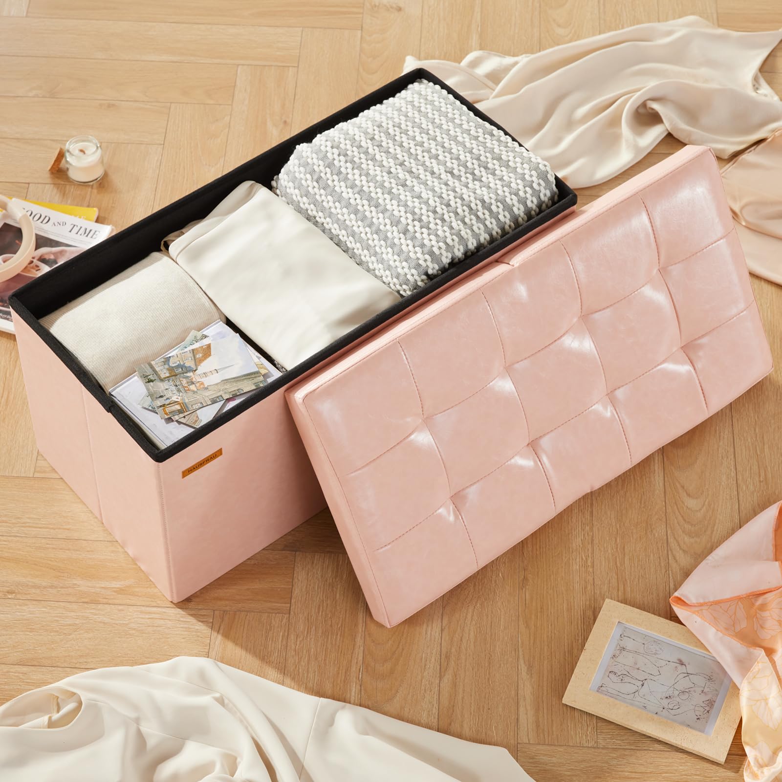 Ottoman with Storage Bench Folding Foot Rest Stool Pale Pink