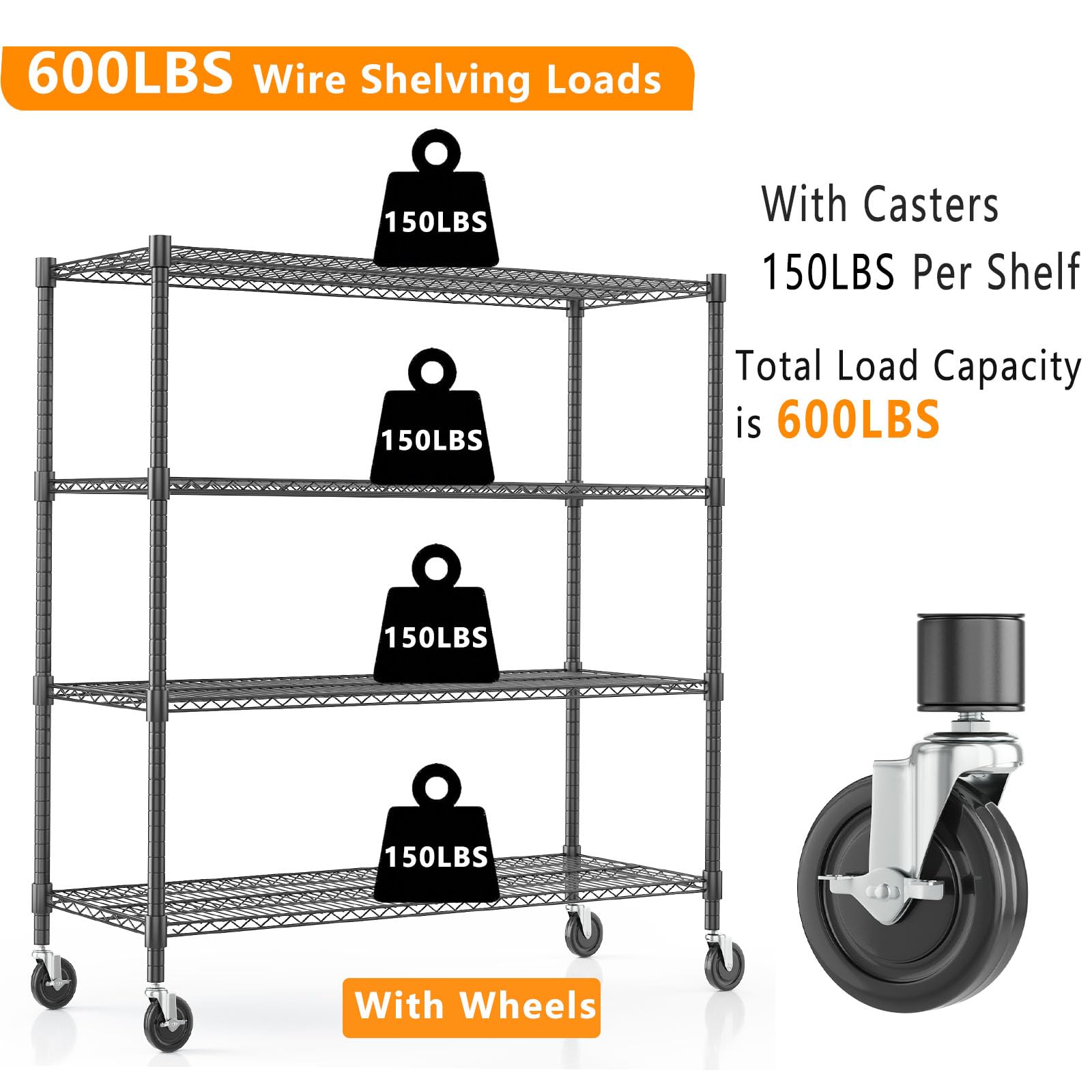 72" H Storage Shelves 4 Tier Metal Shelving Adjustable Wire Shelf with Wheels