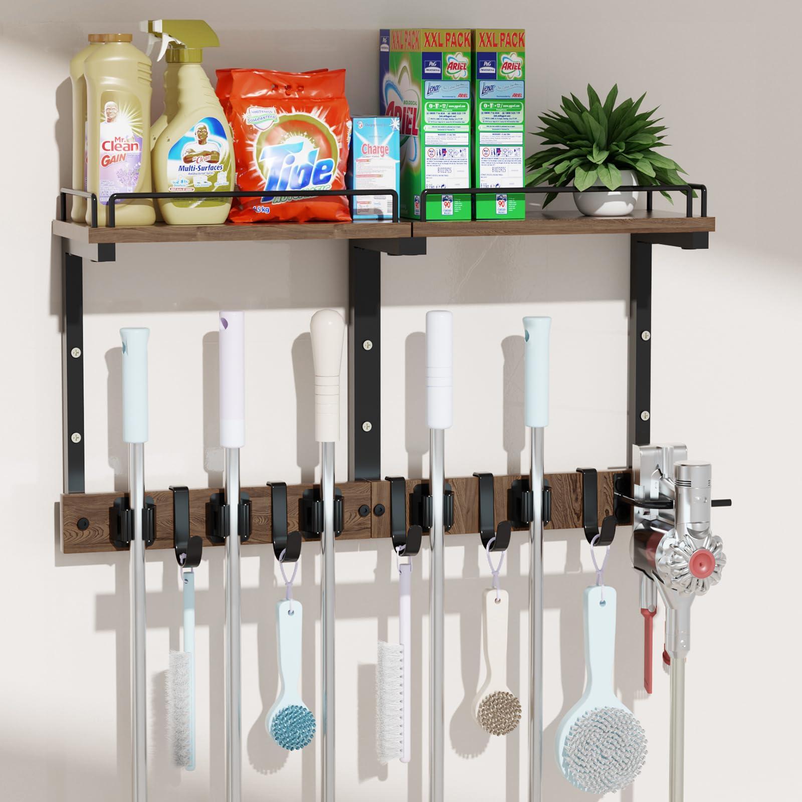 Broom and Mop Organizer Wall Hanging with Cleaning Supplies Organizer