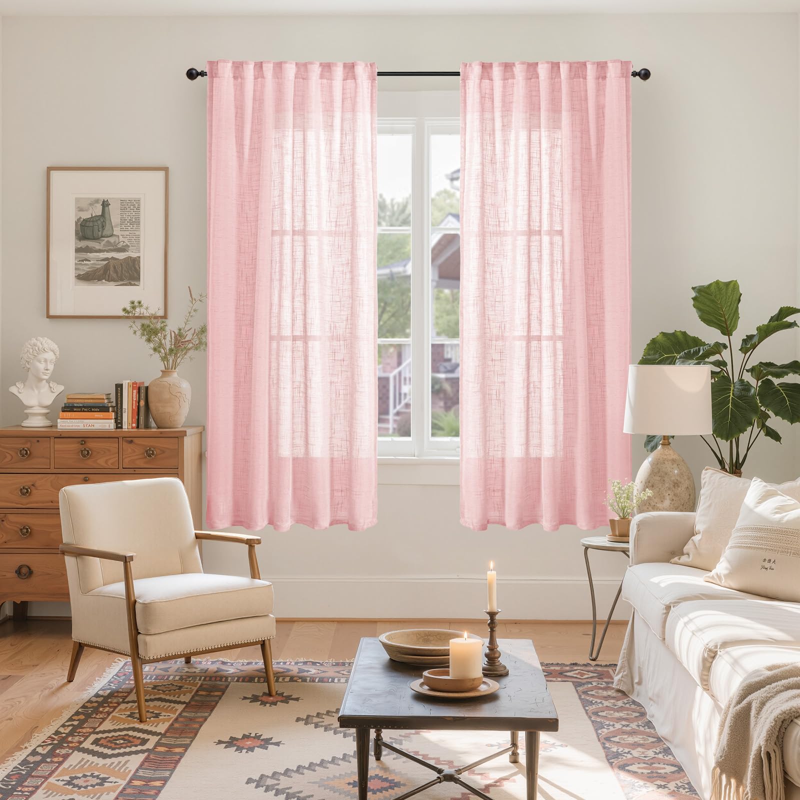 Light Pink Linen Semi Sheer Curtains 63 Inch Length for Living Room (2 Count)