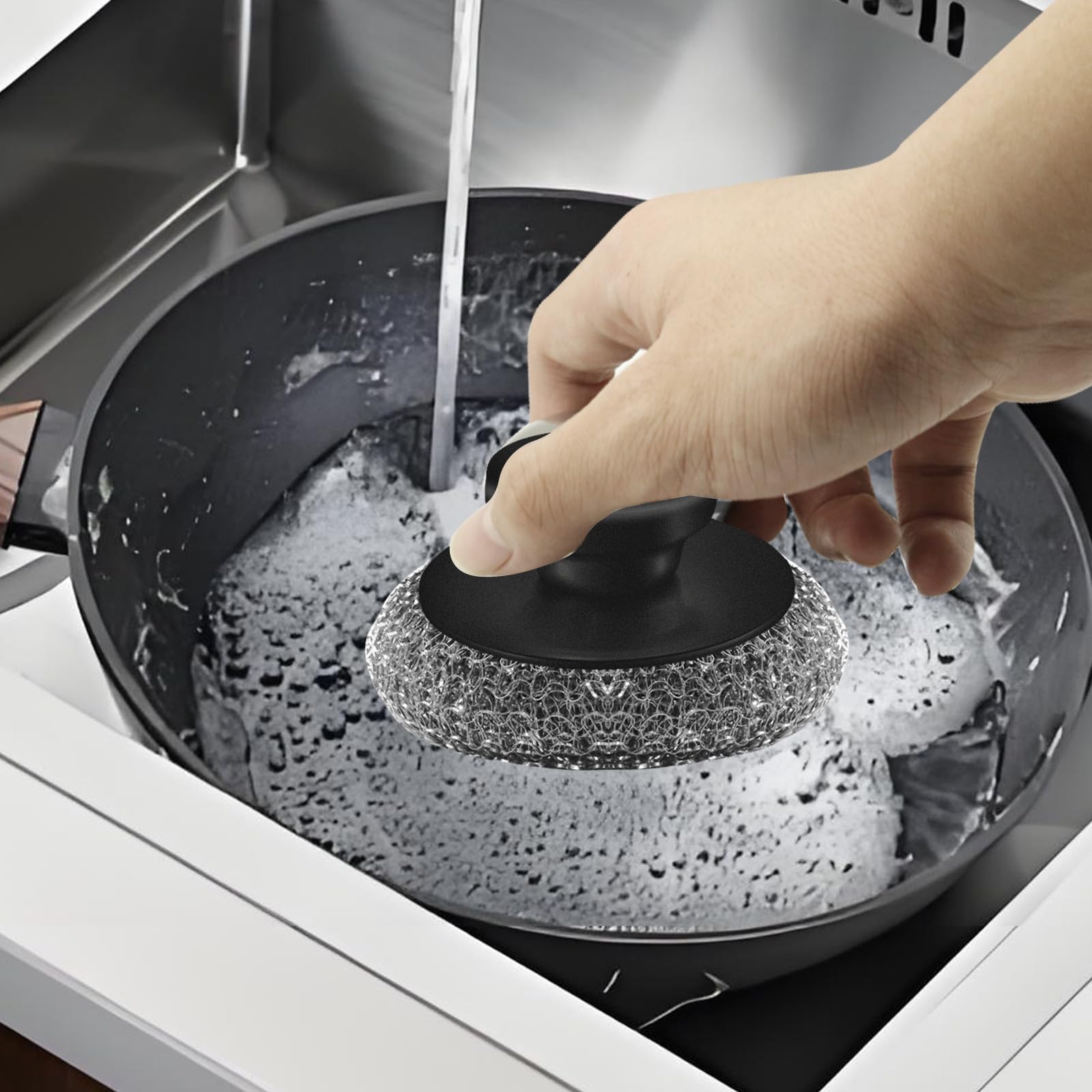 Scrubber with Handle Comes with Three Replacement Balls Steel Wool