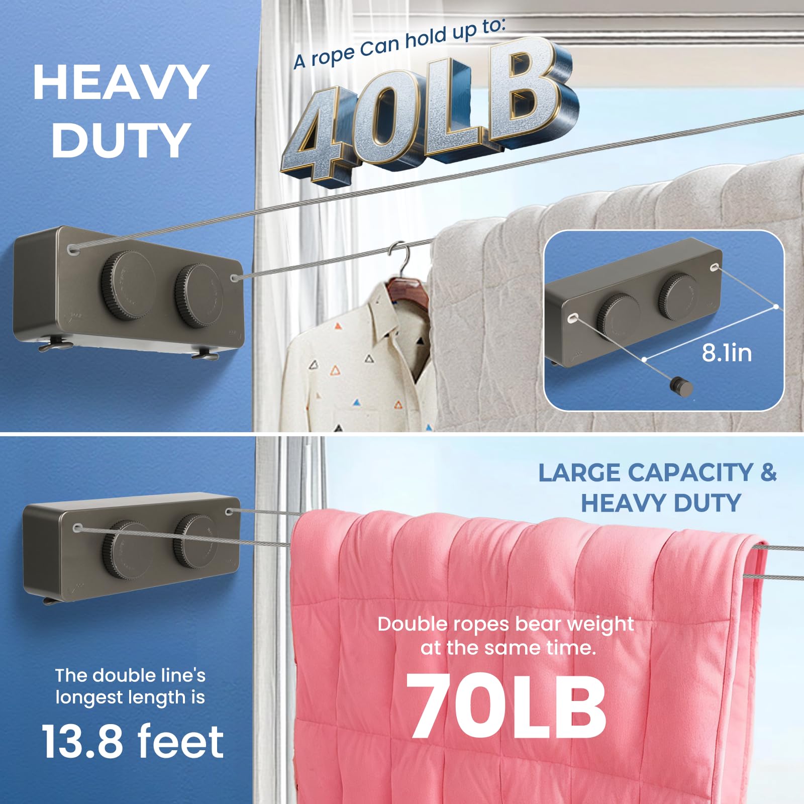 Retractable Clothesline Indoor Outside Heavy (13.8 Foot)