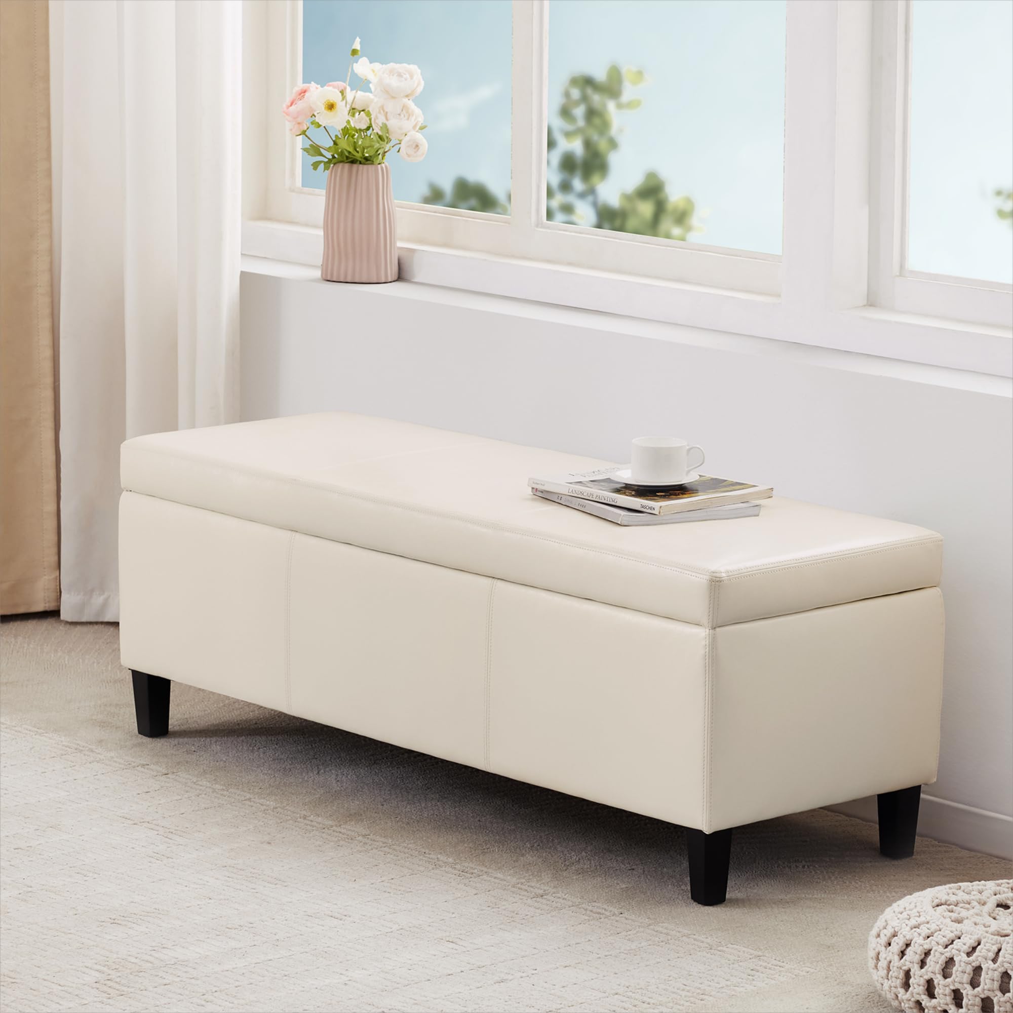 Faux Leather Storage Ottoman Bench 50.3 inch Extra Long Upholstered Bedroom Bench with Large Storage Space for The Living Room