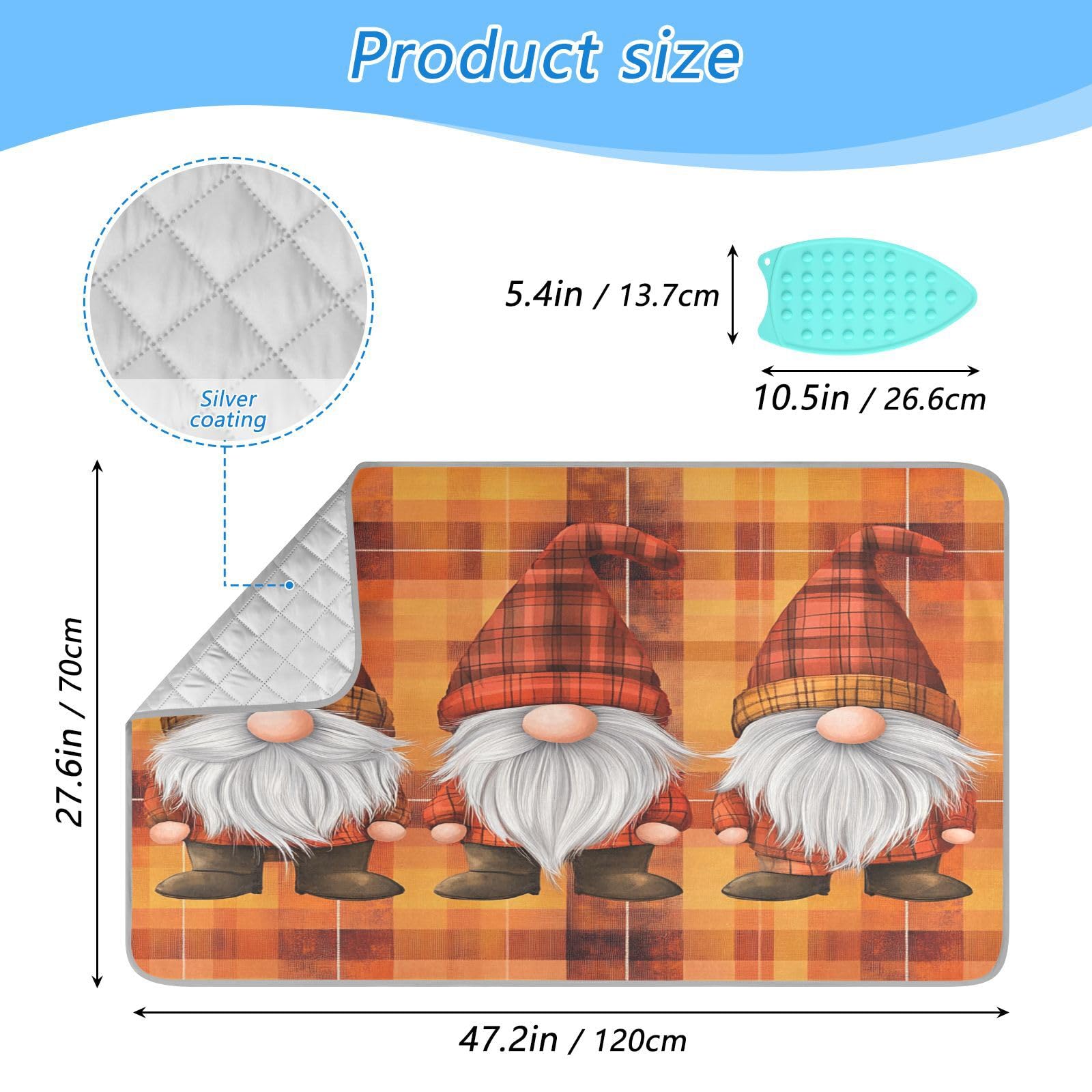 Orange Plaid Thanksgiving Gnomes Ironing Mat Thickened Ironing Blanket Travel Portable Double