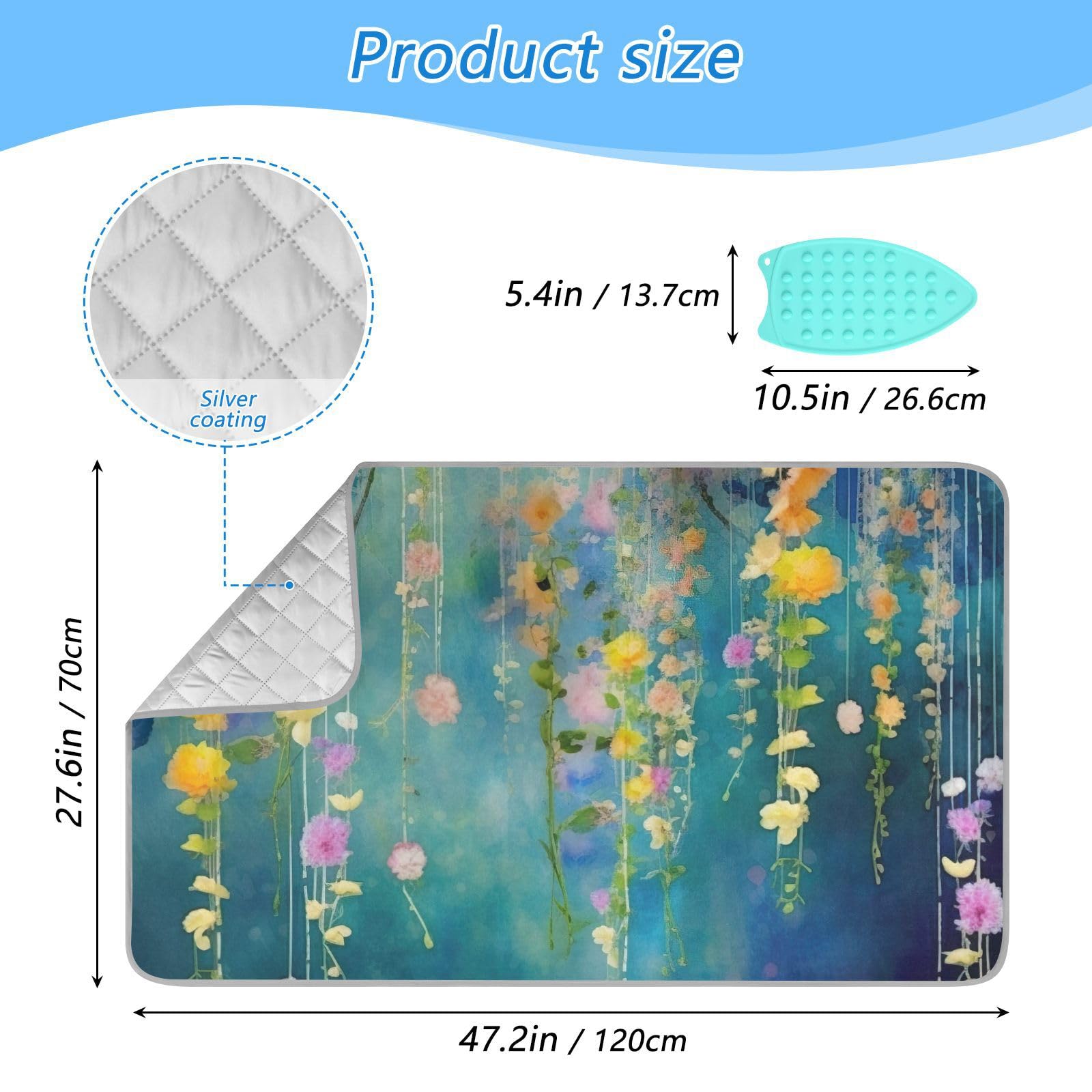 Watercolor Fowers Ironing Blanket Thick Portable Ironing Pad Travel Ironing Mat with Silicone Pad Heat Resistant Ironing Board Cover for Table Top