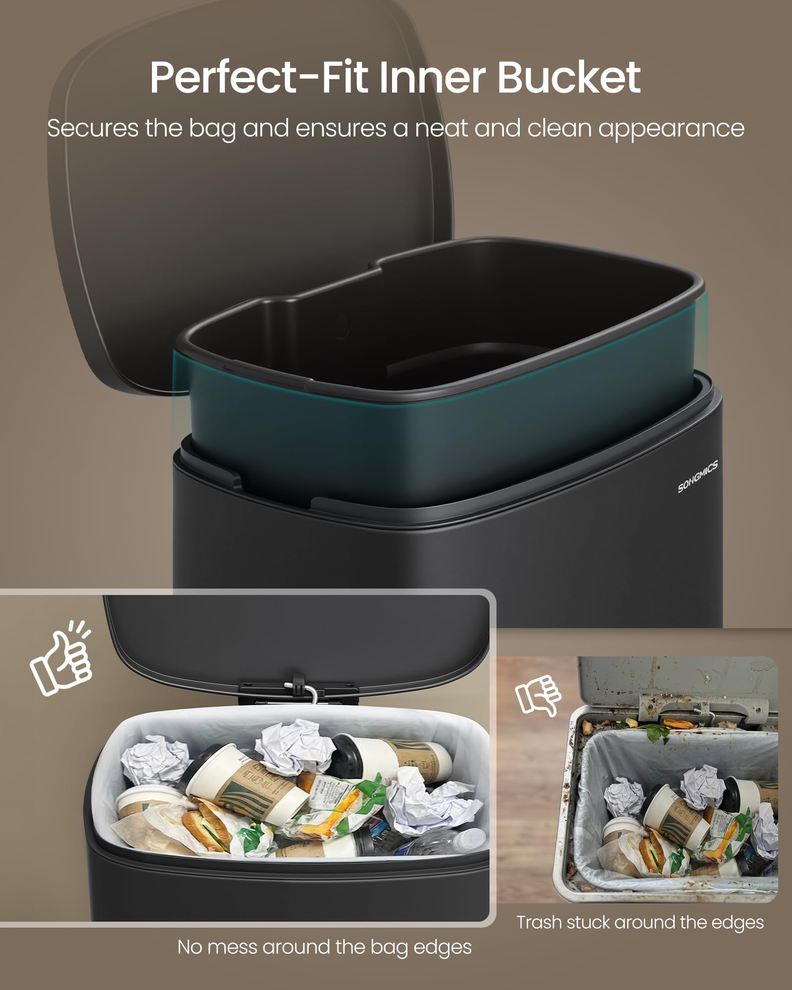 20-Gallon (75 L) Trash Can, Stainless Steel Kitchen Garbage Can, Recycling or Waste Bin, Soft Close, Step-On Pedal, Removable Inner Bucket, Black ULTB075BZ01