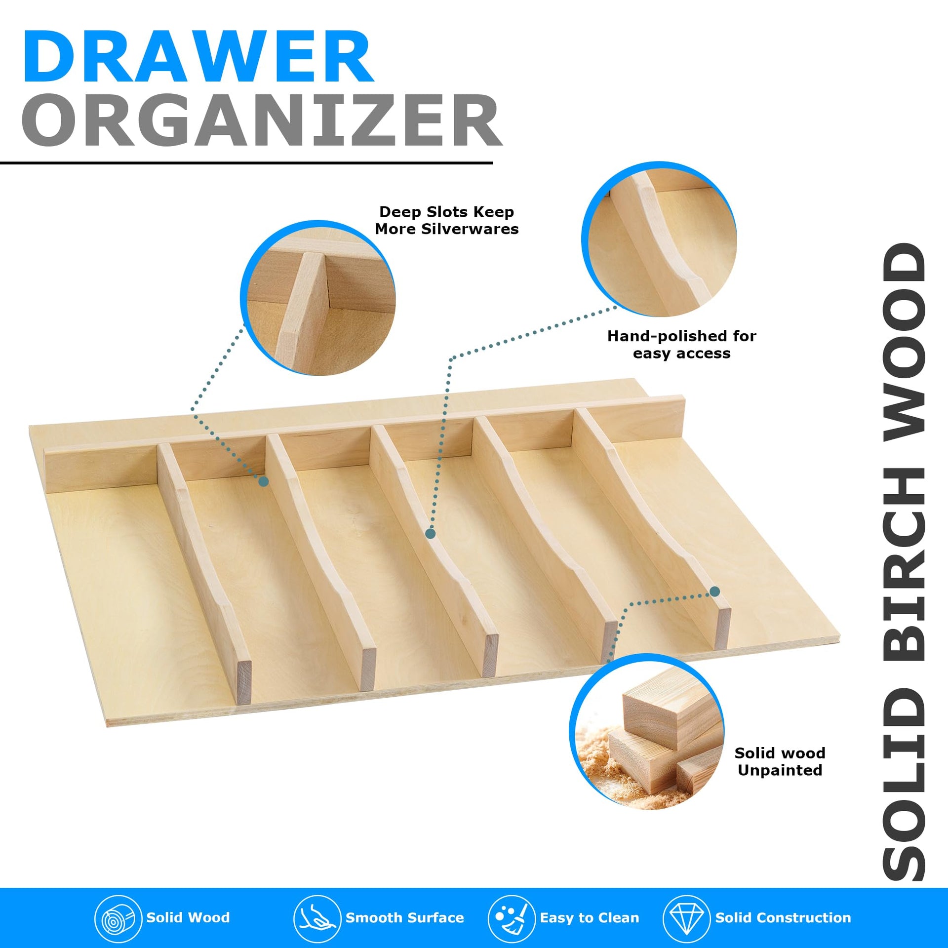Solid Birch Wood Silverware Drawer Organizer