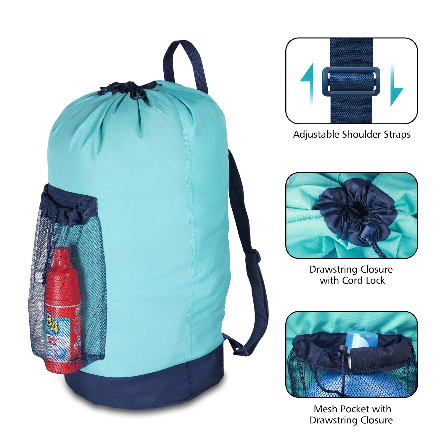 Laundry Backpack with Shoulder Straps and Mesh Pocket Durable Nylon Clothes Hamper Bag with Drawstring Closure for College