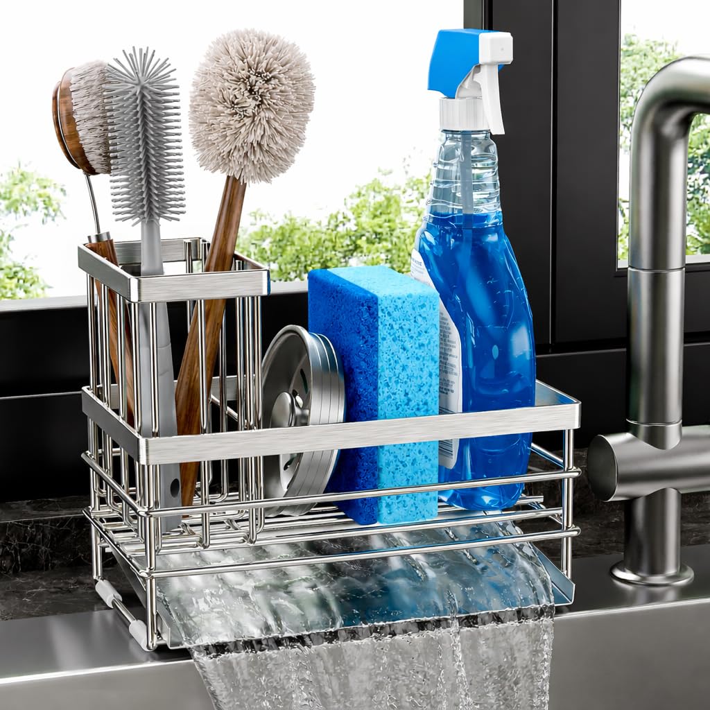 Sink Caddy Sponge Holder for Kitchen with Brush Holder and Stainless Steel Self Drain Tray