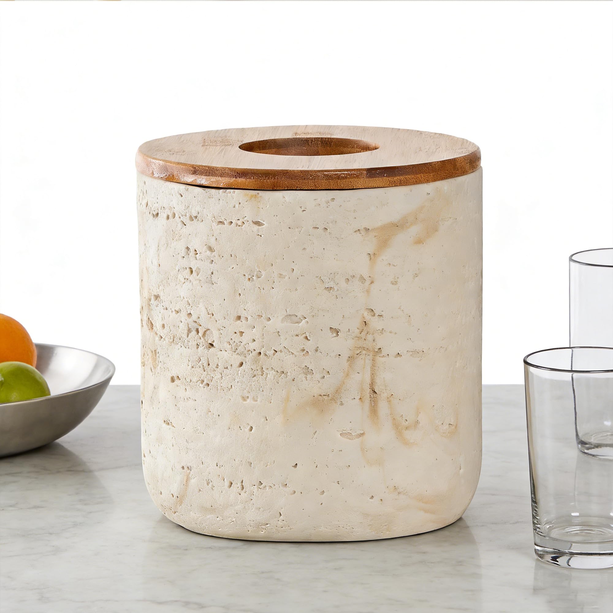 Natural Travertine Textures Beige Mini Trash Can with Bamboo Lid