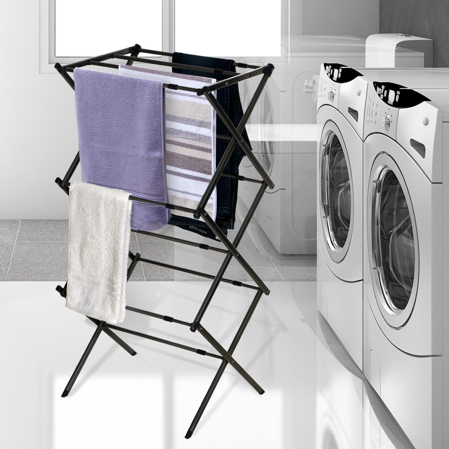 3 Tier Expandable Collapsing Foldable Laundry Rack for Air Drying Clothing