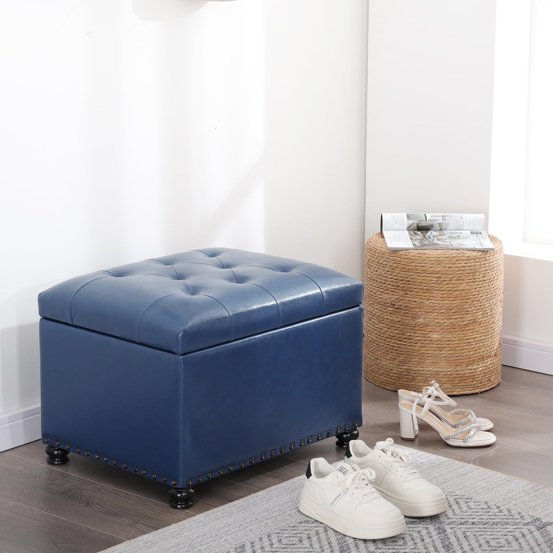 Faux Leather Storage Ottoman Bench Rectangle 24 Inch Foot Rest Ottomans