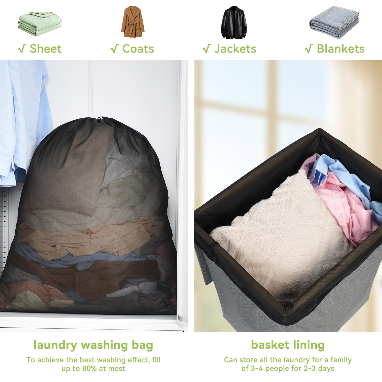 Ex Large Mesh Laundry Bags 36x43 Inch Drawstring Laundry Bag 2 Pack Dirty Clothes Mesh Net Bag Heavy Duty Travel Storage Organize Bag for Hotel Beach