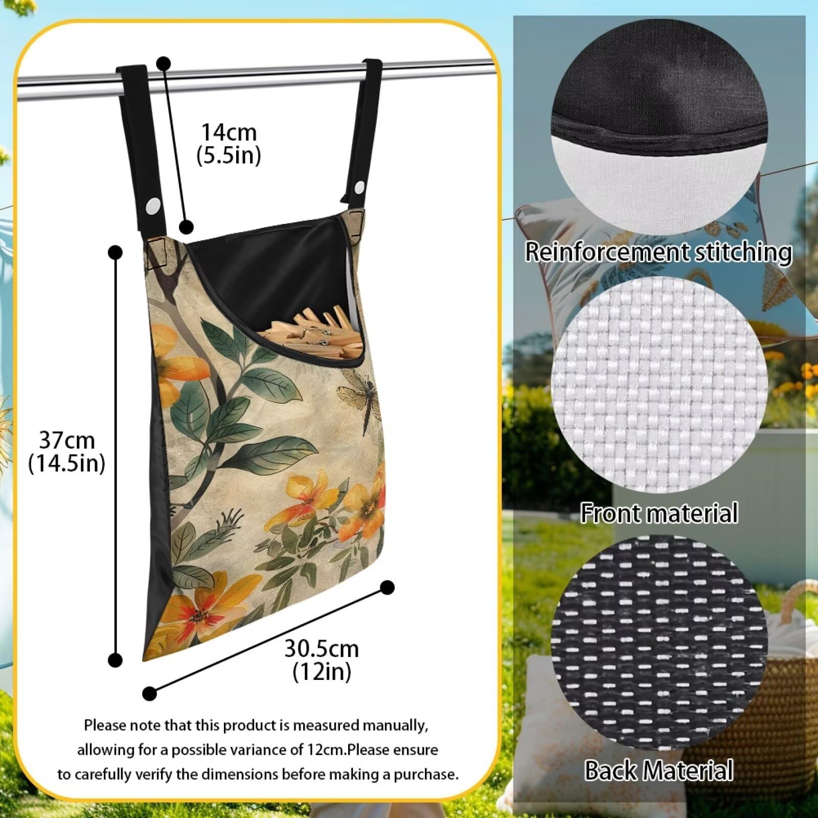 Dragonfly Clothes Pin Bags Flower Clothespin Bag Holder Clothespin Holder 14.5 x 12 Inch Clothespins Bag for Clothesline Outdoor Outside Laundry Room Lightweight for Easy Hang