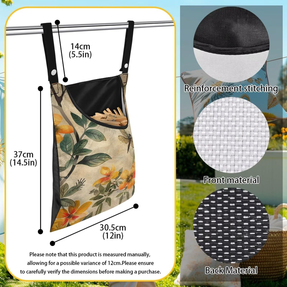Dragonfly Clothes Pin Bags Flower Clothespin Bag Holder Clothespin Holder 14.5 x 12 Inch Clothespins Bag for Clothesline Outdoor Outside Laundry Room Lightweight for Easy Hang