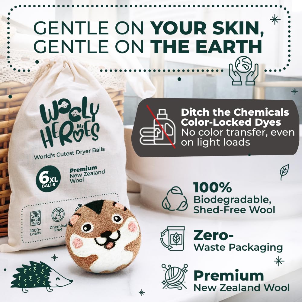 Chemical Free & Baby Safe! Reusable Wool Dryer Balls XL 6 (6 Count)