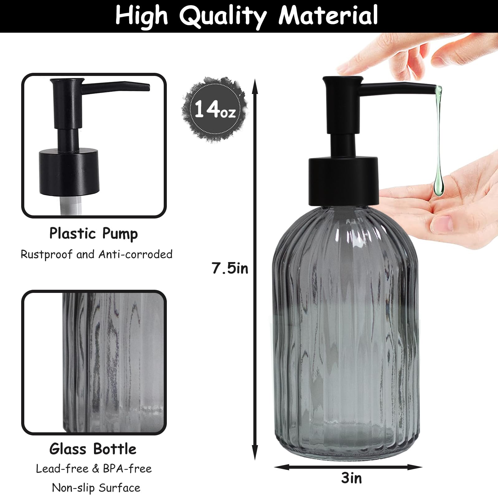 Grey Glass Soap Dispenser with Black Plastic Pump