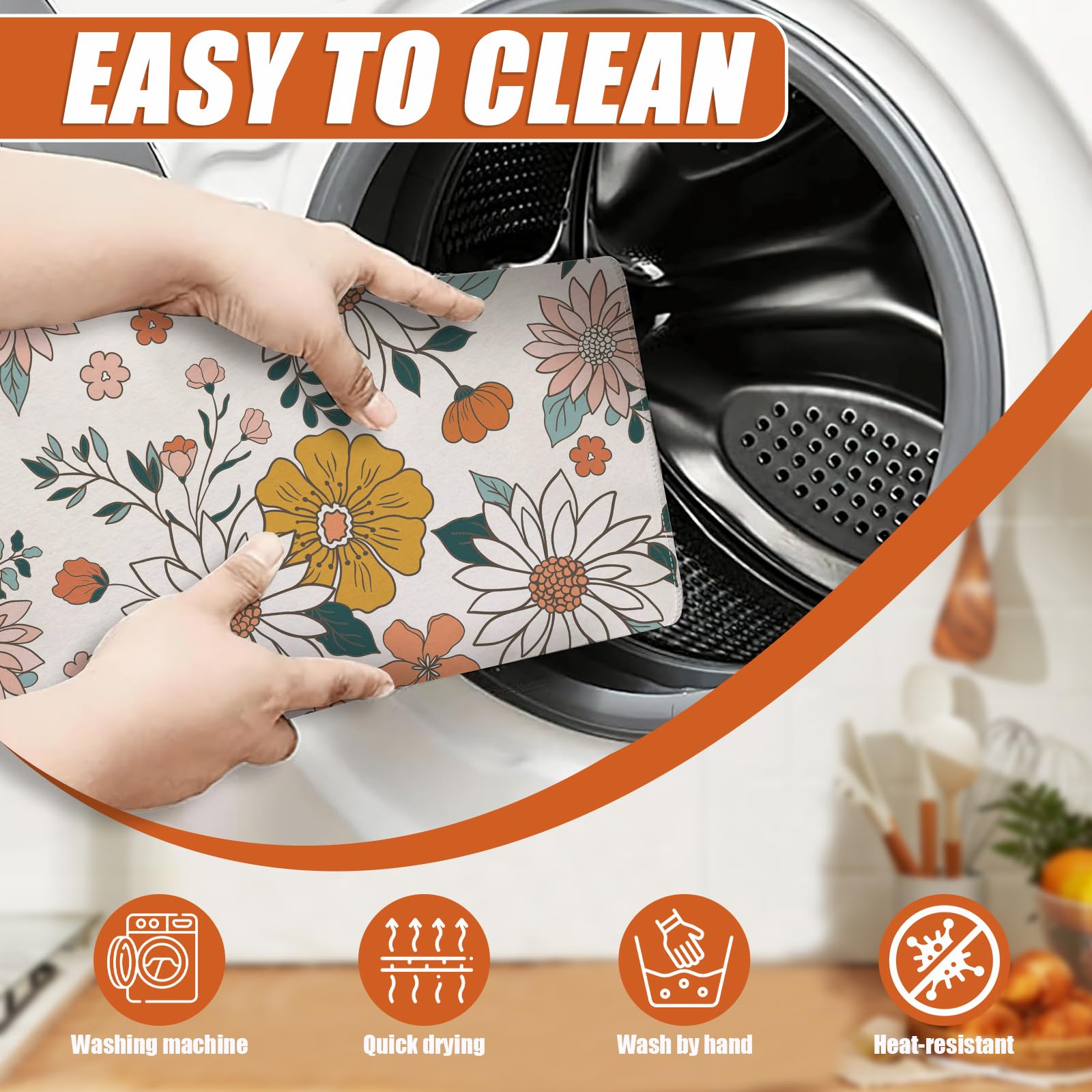 Boho Flower Dish Drying Mat for Kitchen Counter Microfiber Absorbent Dish Kitchen Drying Mat Draining Reusable Washable for Dishes