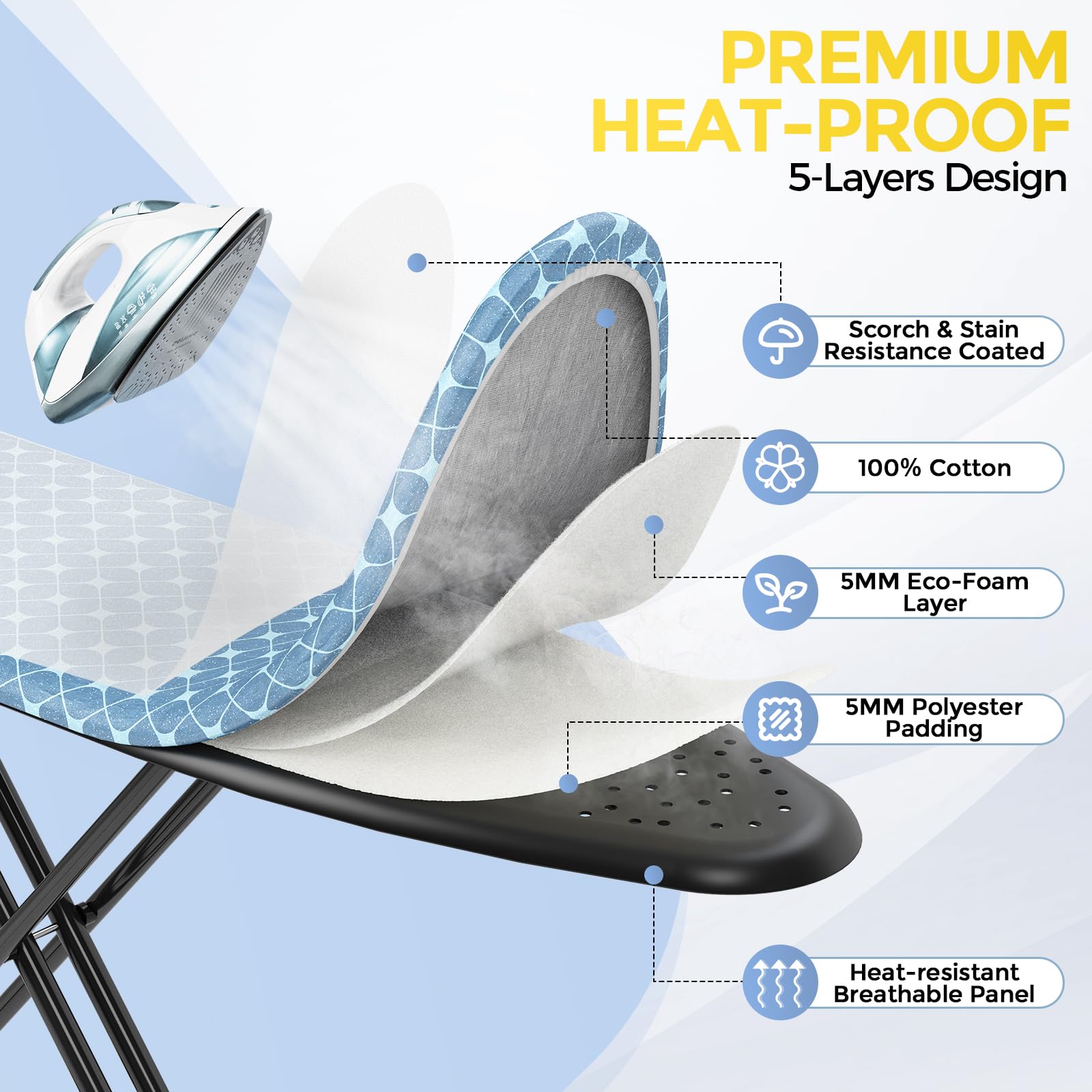 Foldable 7 Level Heigh Adjustable Ironing Board with Iron Rest