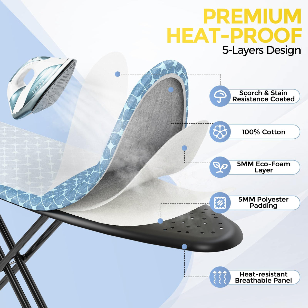 Foldable 7 Level Heigh Adjustable Ironing Board with Iron Rest