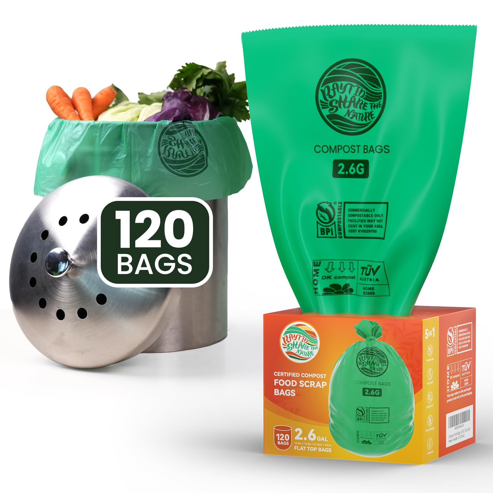Compostable trash Bags 2.6 Gallon Compost Bags for Kitchen Countertop Bin 1.3 (120 Count)