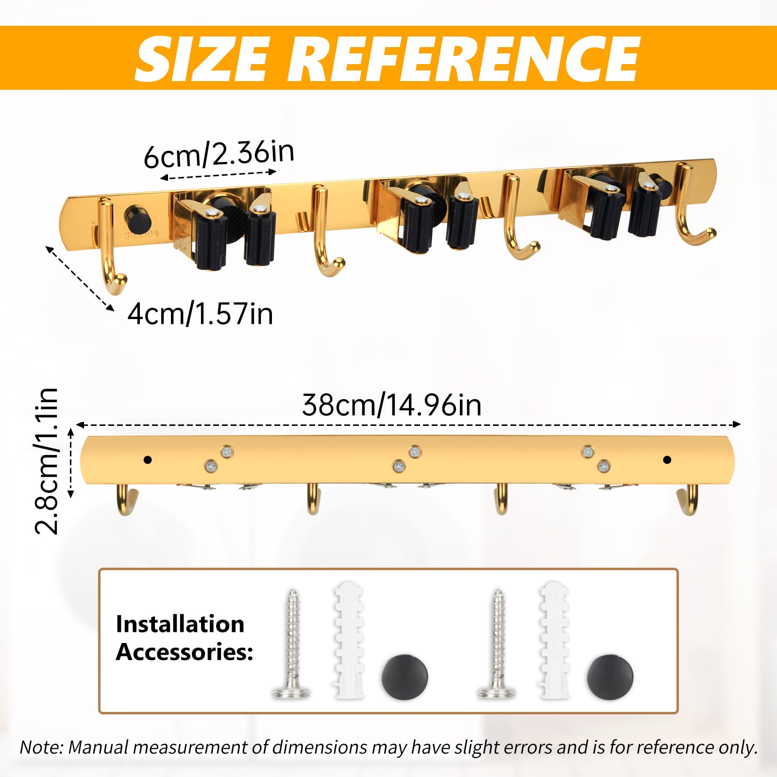 3 Racks and 4 Heavy Duty Hooks Mop and Broom Holder Wall Mount