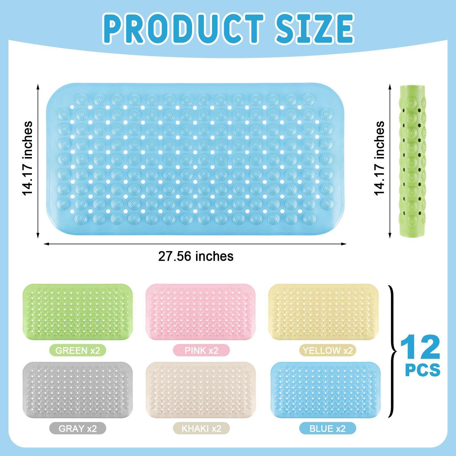 12 Pcs Non Slip Bath Mats 27.6x14.2 Inches TPE Bathtub Mats with Suction Cups Drain Holes Textured Surface Anti Slip Shower Pad for Bathroom Tub Adults Elderly Home Hotel (12 Count)