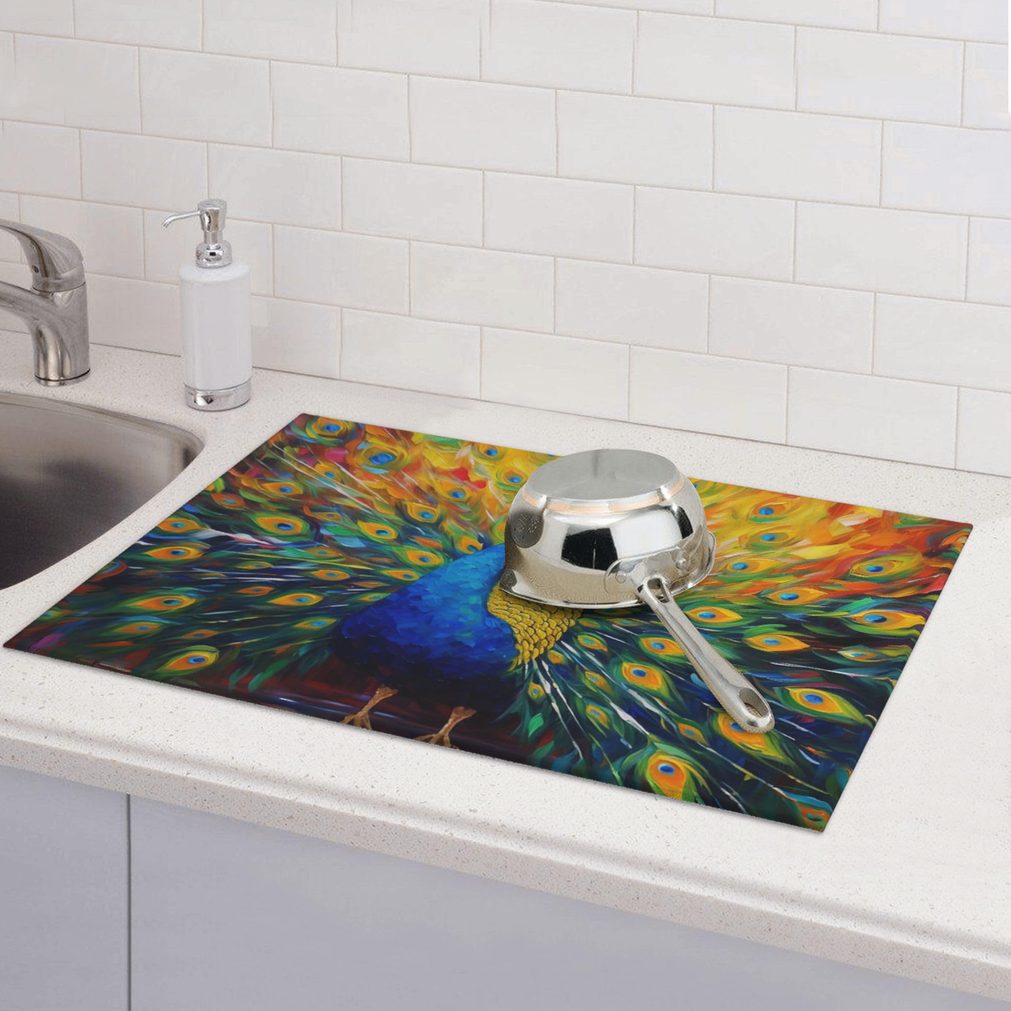 Beautiful Peacock Dish Drying Mat for Kitchen Counter 18"x24"
