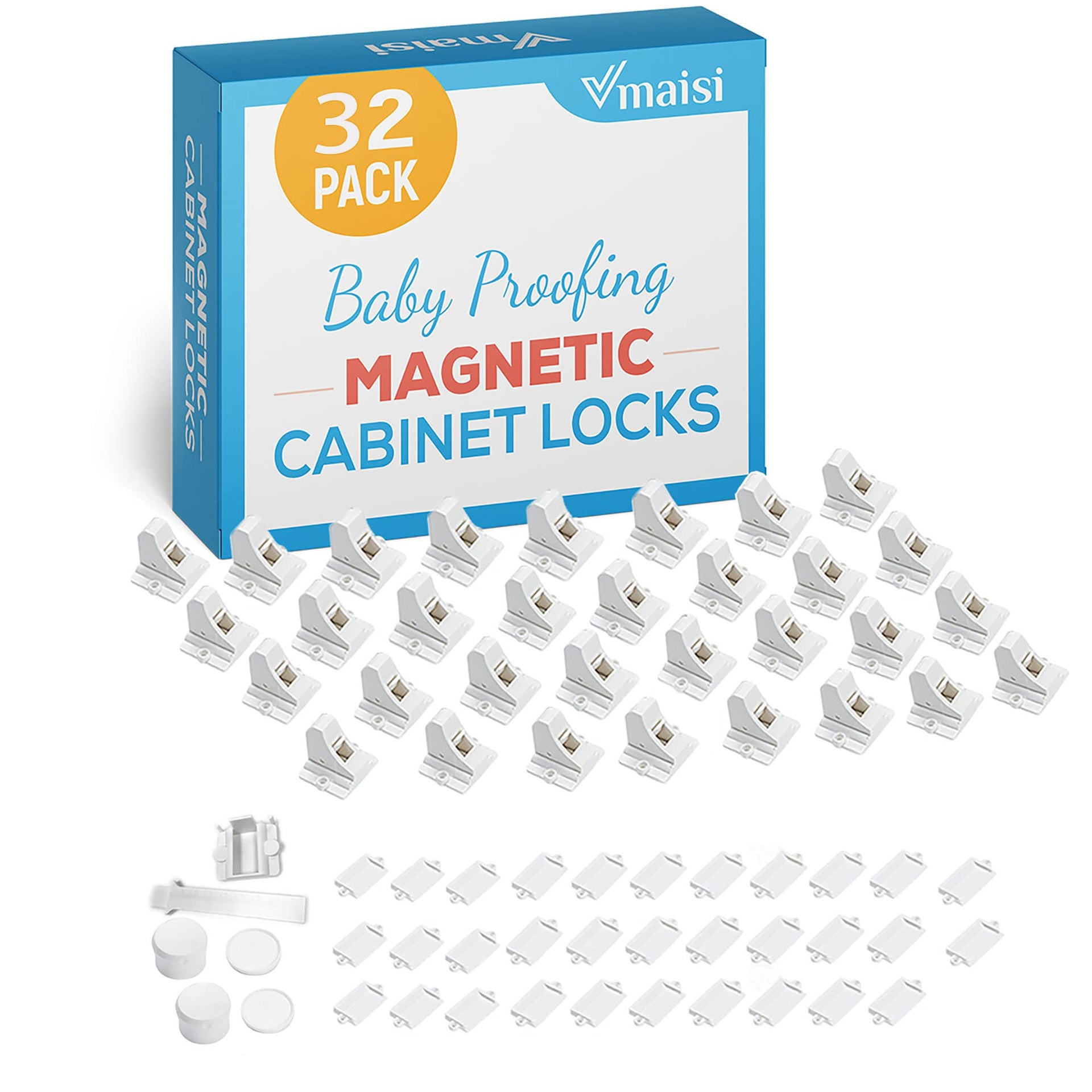 Adhesive Magnetic Locks for Cabinets & Drawers (32 Count)