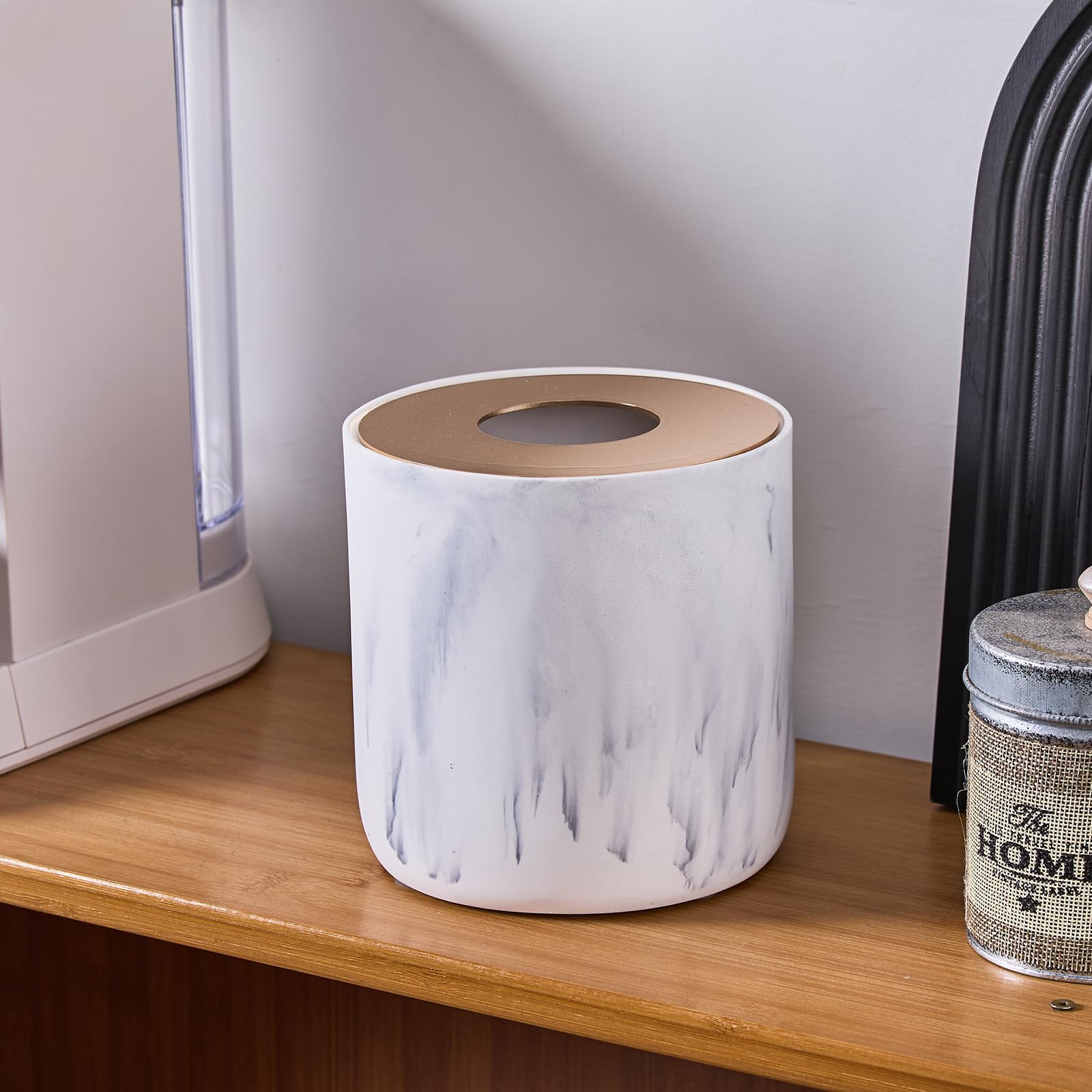White Marble Textural Mini Trash Can with Rose Gold Stainless Steel Lid