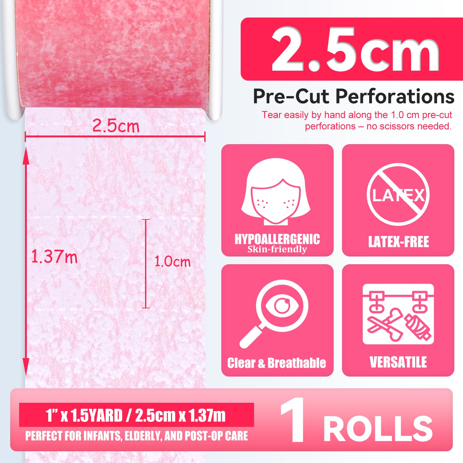 Silicone Tape 1" x 1.5 Yard Pink 2 Rolls for Sensitive Skin (2 Count)
