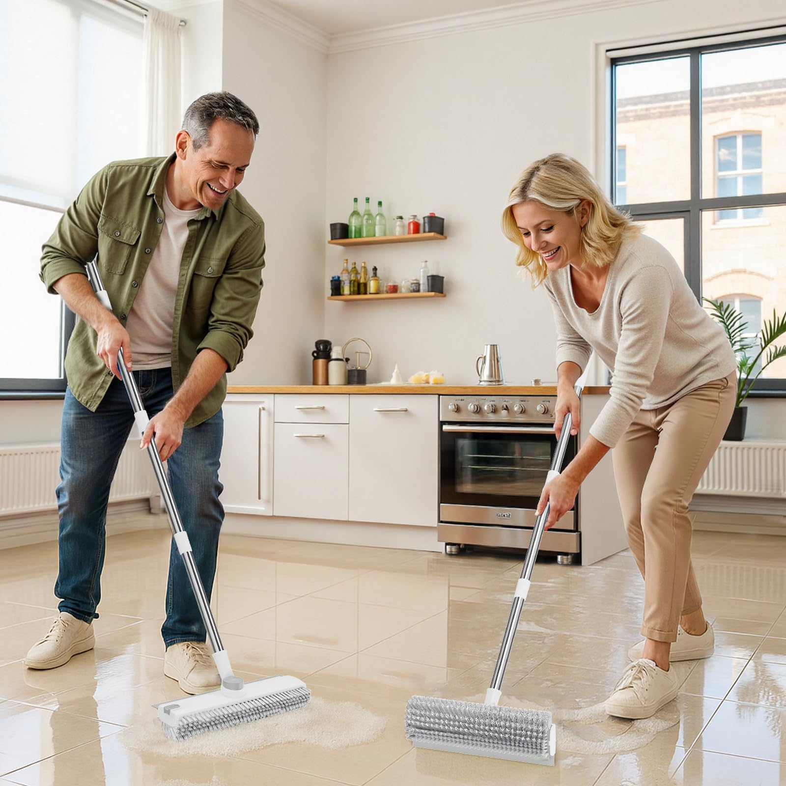 3 in 1 Floor Scrub Brush with Long Handle & Squeegee