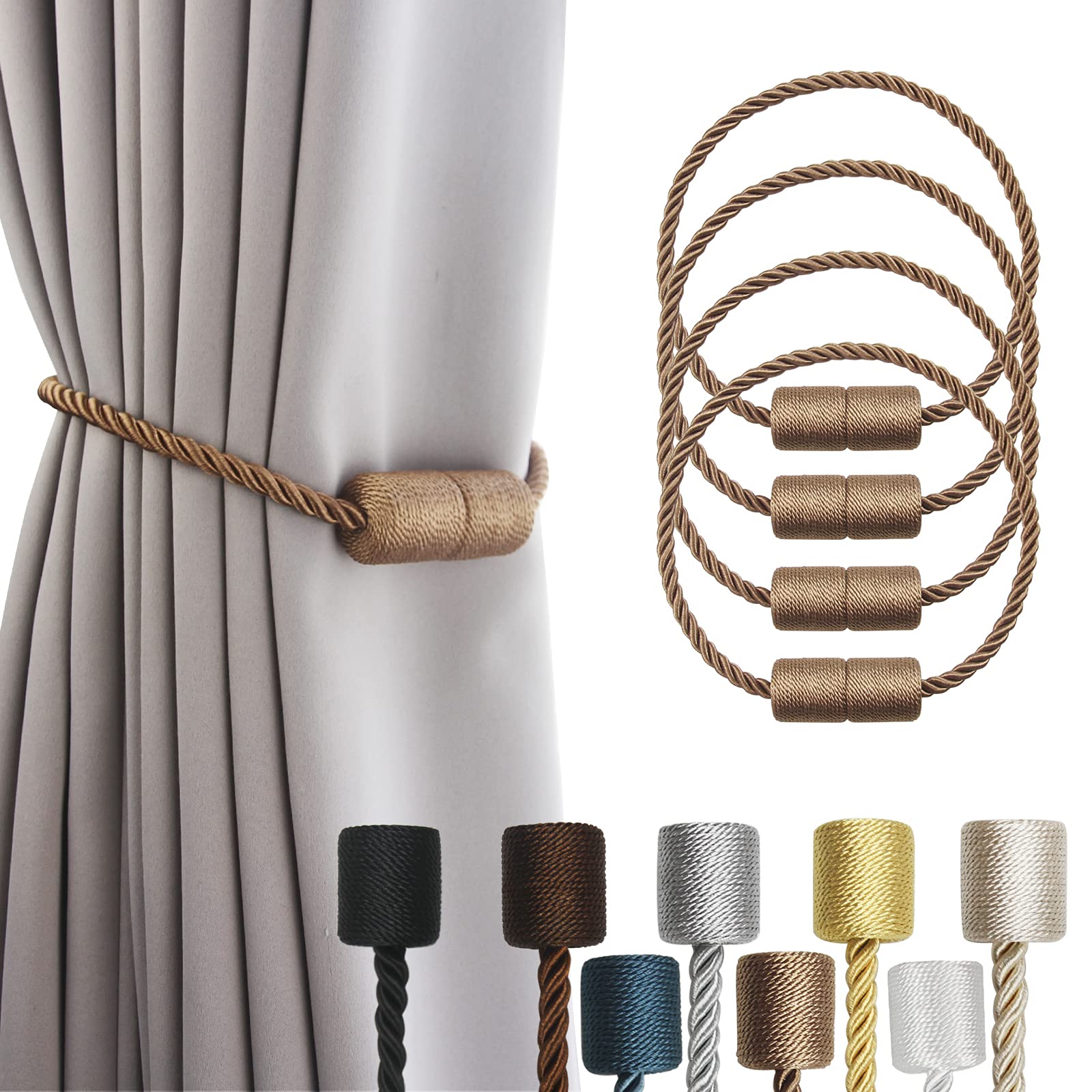 4 Pack Strong Magnetic Curtain Tiebacks Outdoor Elegant Decorative Tie Backs Modern Rope Tiebacks for Drapes Window Curtain Holdbacks for Draperies (4 Count)