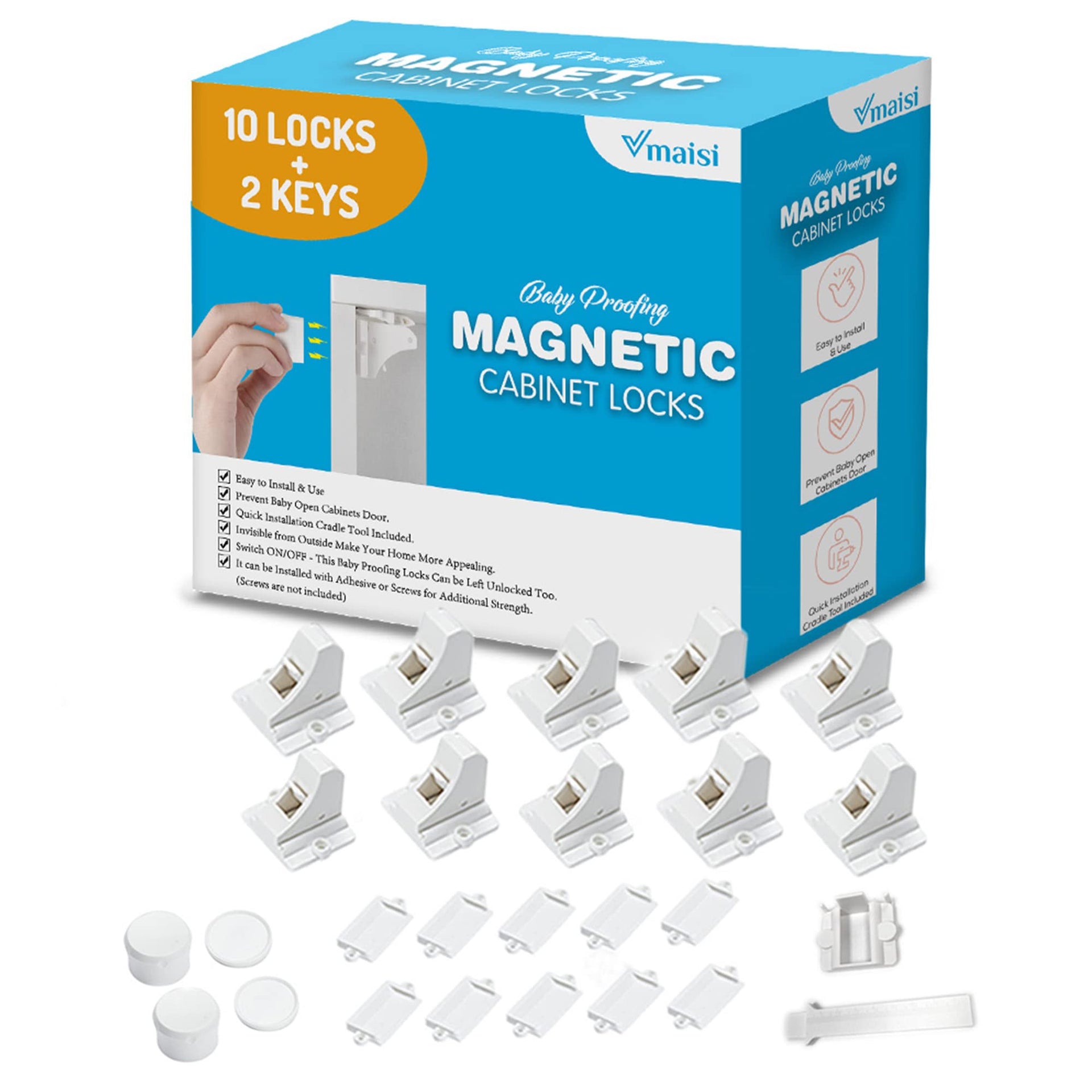 Adhesive Magnetic Locks for Cabinets & Drawers (10 Count)