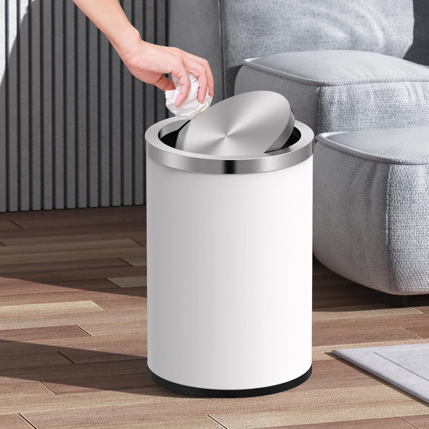 4 Gallons White Swing Lid Stainless Steel Trash Can