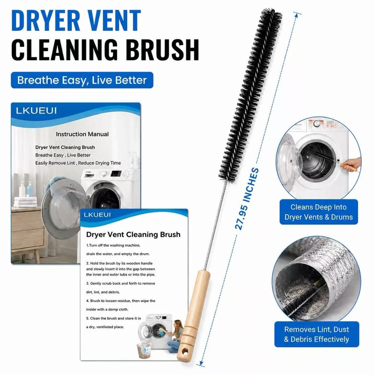 Dryer Lint Brush Vent Cleaner Lint Trap Cleaning Tool Dryer Vent Brush Long Flexible with Wood Handle 27.95 Inches Medium Size for Dryer Vent Cleaning DIY Enthusiasts Homeowners (2 Count)