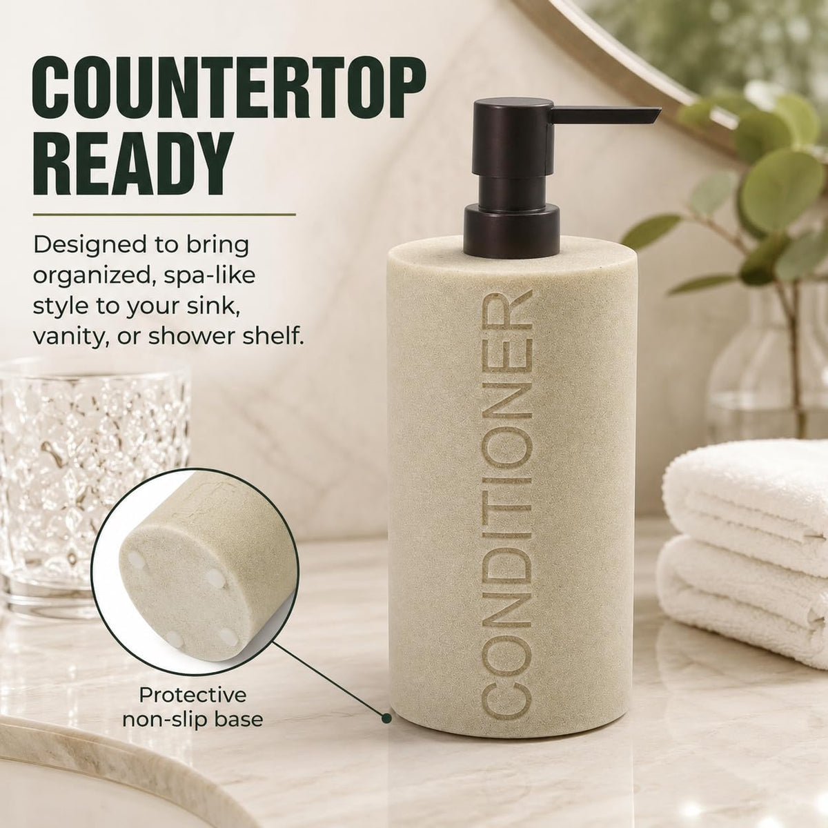 Resin Tan Sandstone Conditioner Engraved Bottle Refillable Pump Dispenser