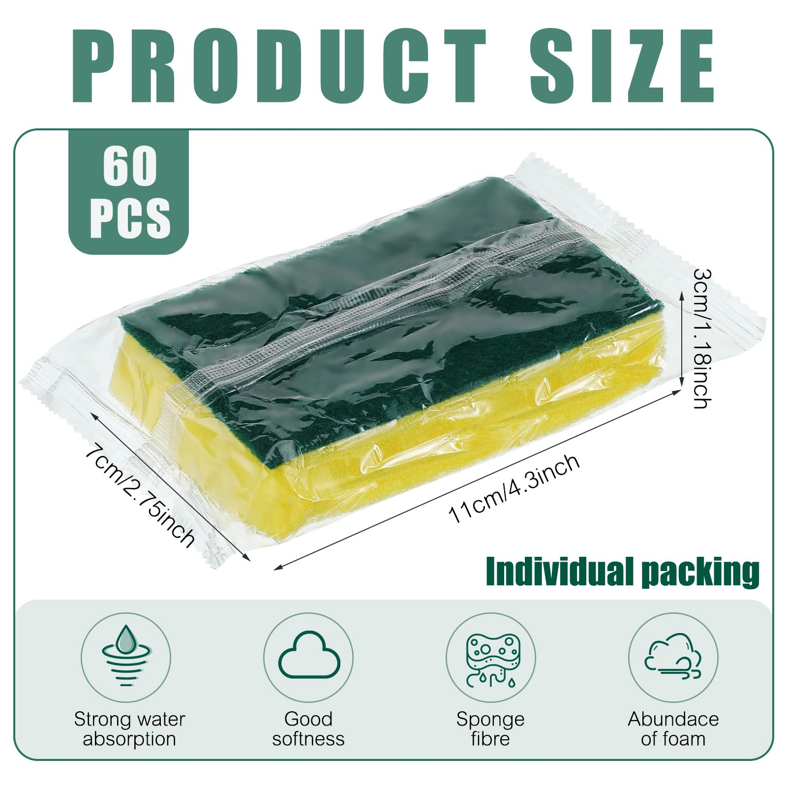 Individually Wrapped Sponge Dishwashing Sponge Bulk Non Scratch Scrub Sponges Kitchen Scouring Pad for Household Cleaning Rental Dishes Hotel Apartment Car (60 Count)