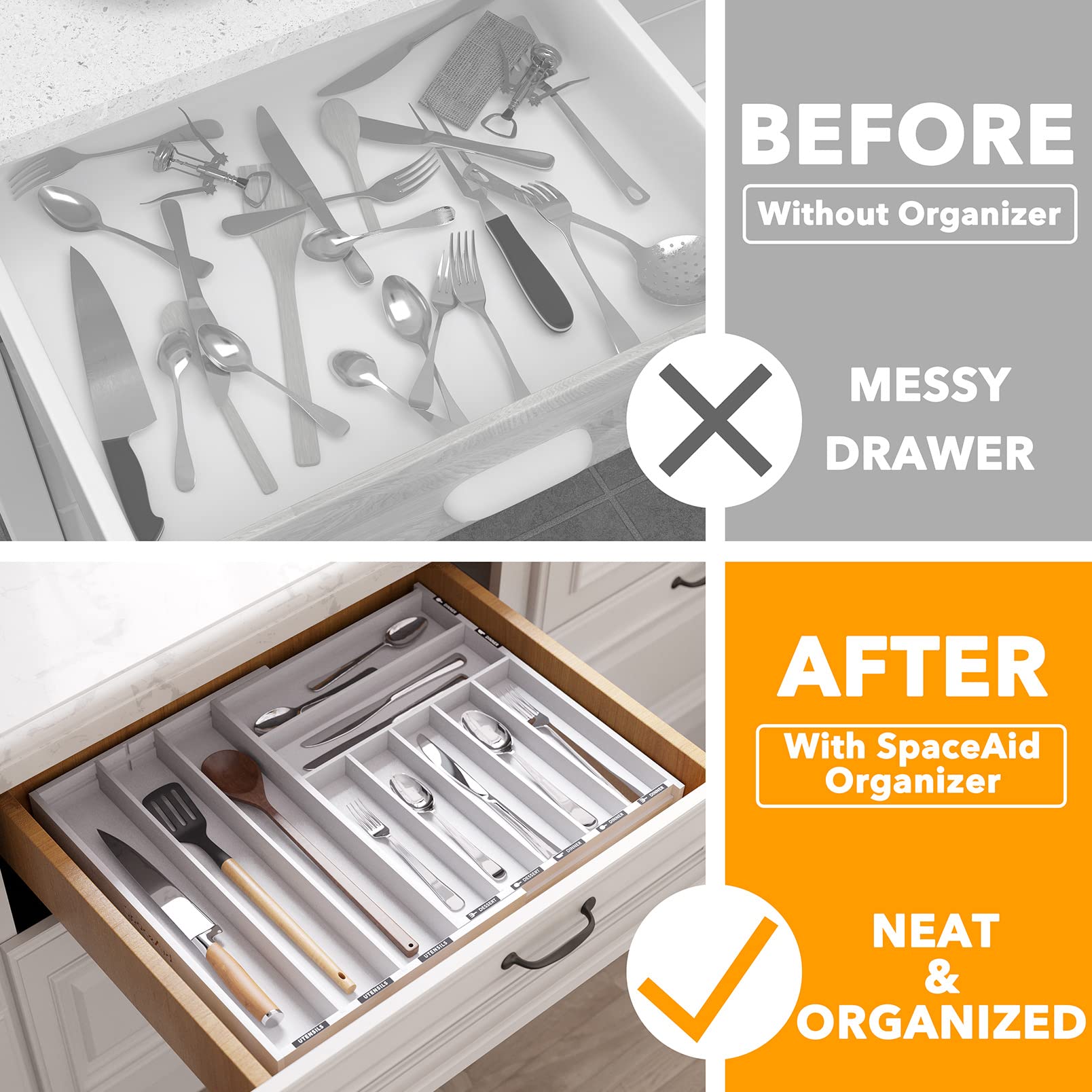 Bamboo Silverware Drawer Organizer with Labels