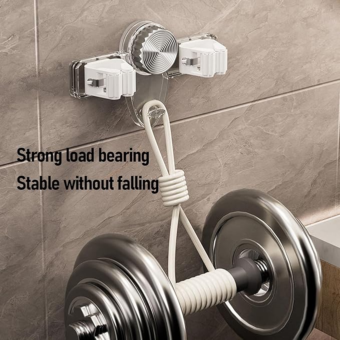Broom and Mop Holder with Suction Cup, PET Material, 2 Hangers Clear Grey - Strong Grip, Easy Installation, Space Saving Organizer for Bathroom Kitchen Laundry (Transparent White)
