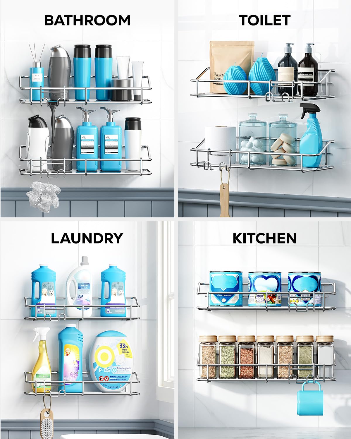 Shower Caddy Shelf with Hooks Storage Rack Organizer Adhesive Stainless Steel without Drilling for Bathroom (3 Count)