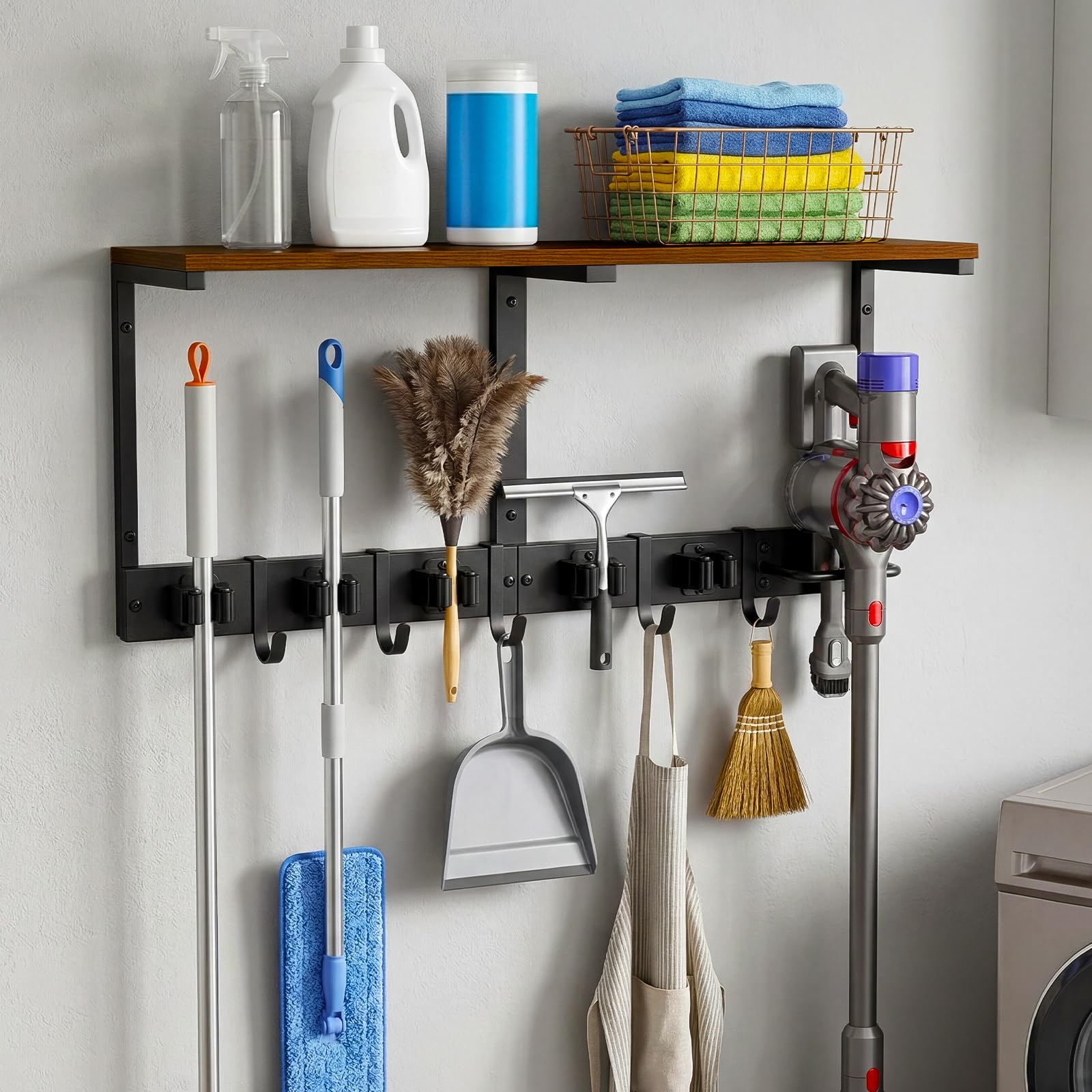 Heavy Duty Broom Holder Wall Mount with Cleaning Supplies Organizer