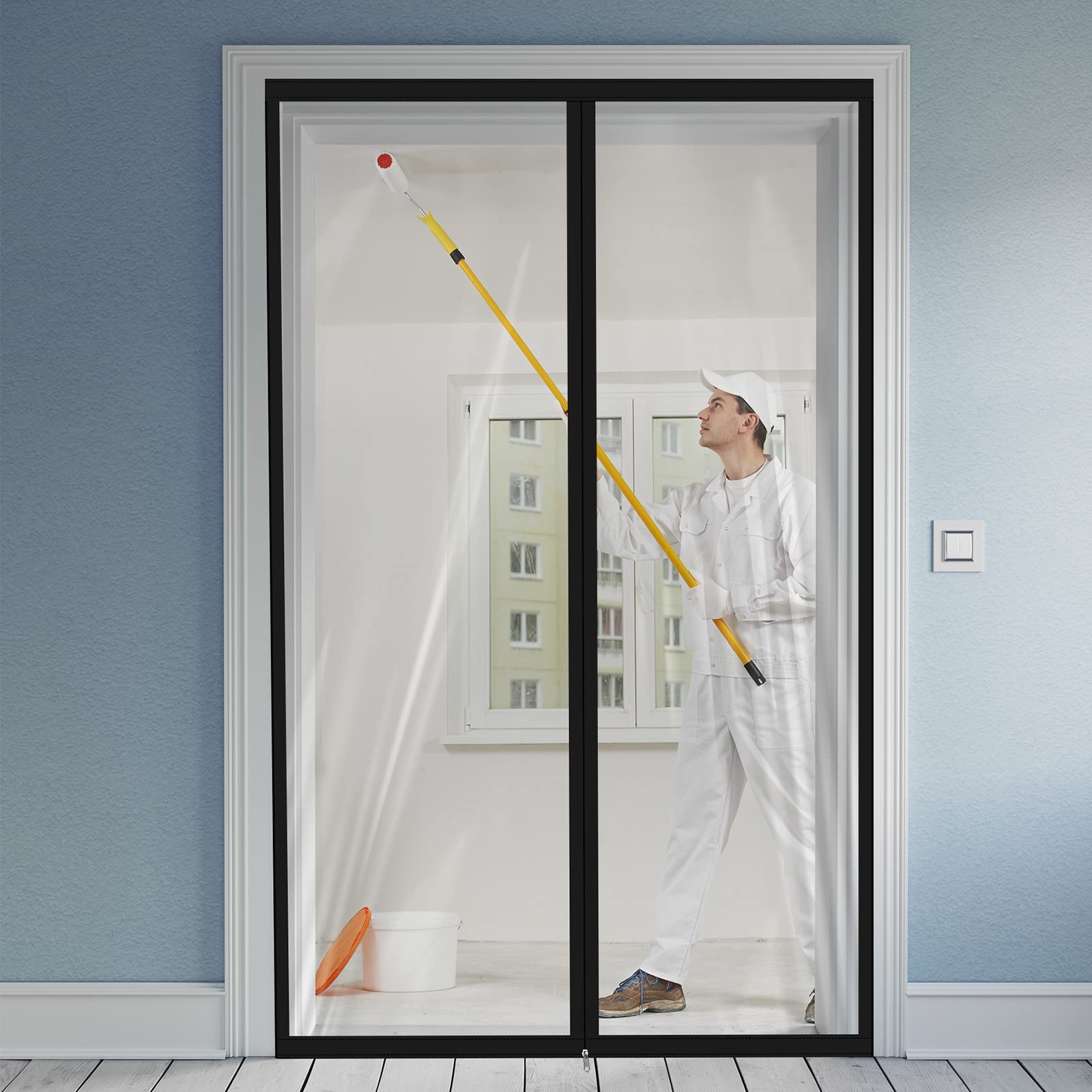 Zipper 48 x 87 Inch Dust Barrier Door Kit Construction Door Barrier 4 x 7.25 ft Reusable Plastic Curtain Cover Containment Standard Doorway Temporary Wall Screen Sheeting for Bathroom Hallway