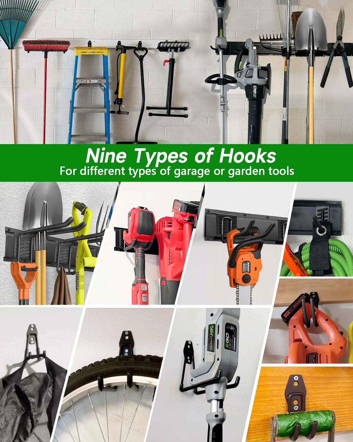 Garden Tool Organizer 48 inches with 18 Garage Wall Hooks in 9 Types (70.4 Ounce)