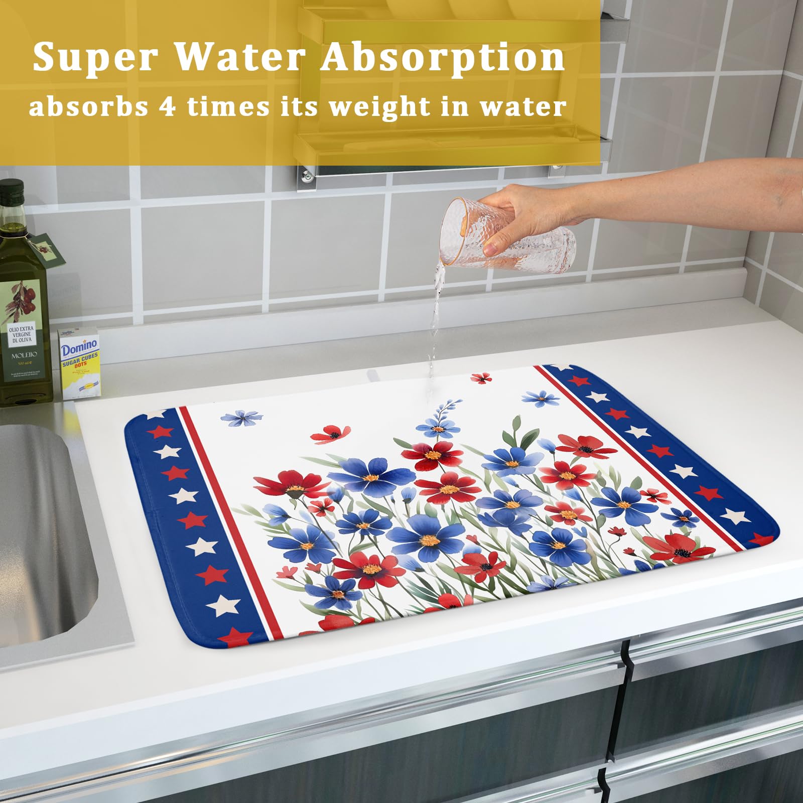 4th of July Dish Drying Mats for Kitchen Counter Summer Flowers Patriotic Kitchen Mats 18x24 Inch Absorbent Microfiber Drainer Mats Independence Day Dishes Pad Quick Dry for Tableware Protector Decor